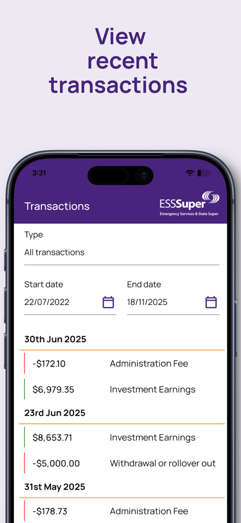 ESSSuper - Screenshot of the ESSSuper mobile app showing a list of recent transactions including investment earnings and fees