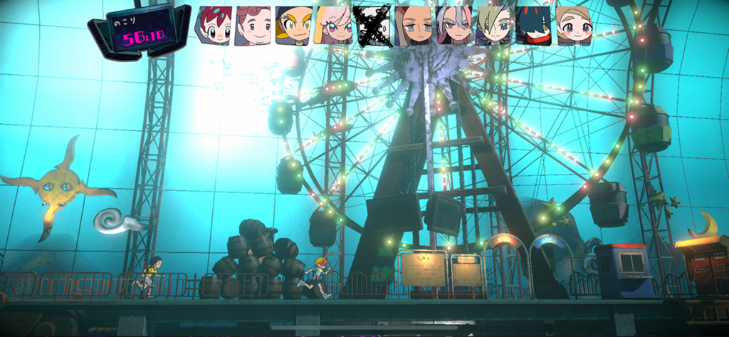 World's End Club - Characters running through an underwater theme park with a large Ferris wheel in World's End Club