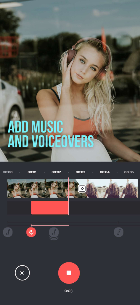 Interface de l'application mobile pour ajouter de la musique de fond et enregistrer des voix hors champ sur des vidéos