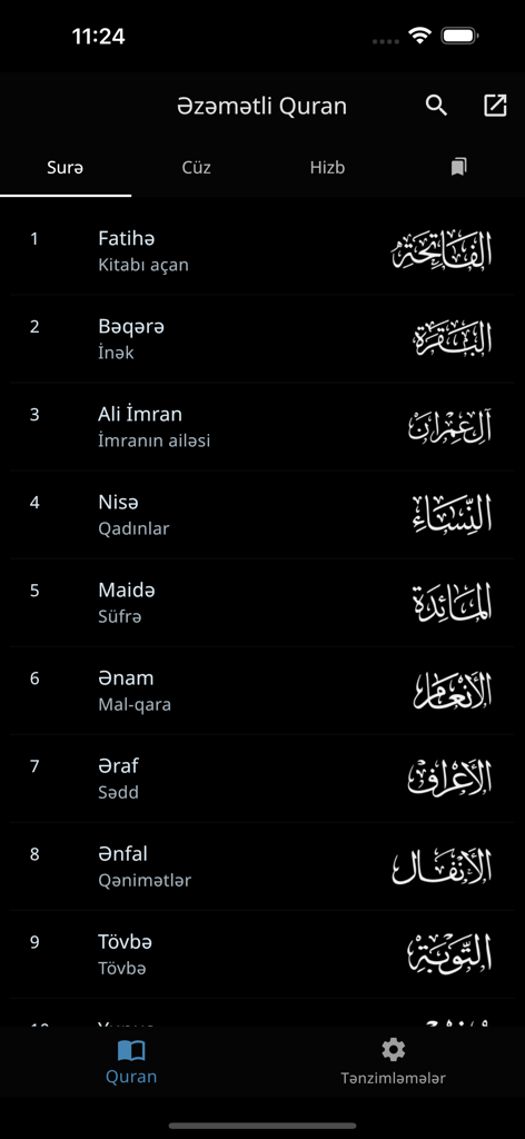 Tanzil (Quran with Tajweed) - Tanzil Quran app surah list interface in Azerbaijani with Arabic calligraphy.