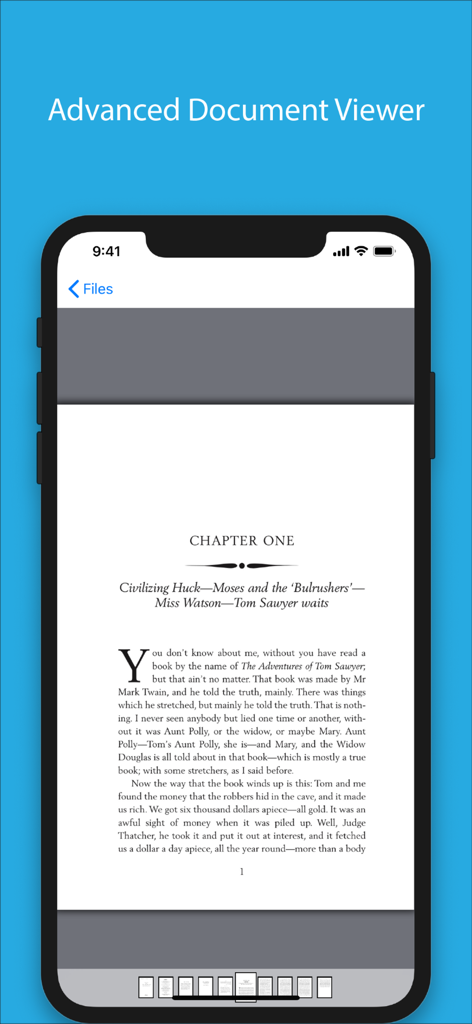 Visualizador de documentos avançado no aplicativo Files mostrando a página de um livro em um iPhone