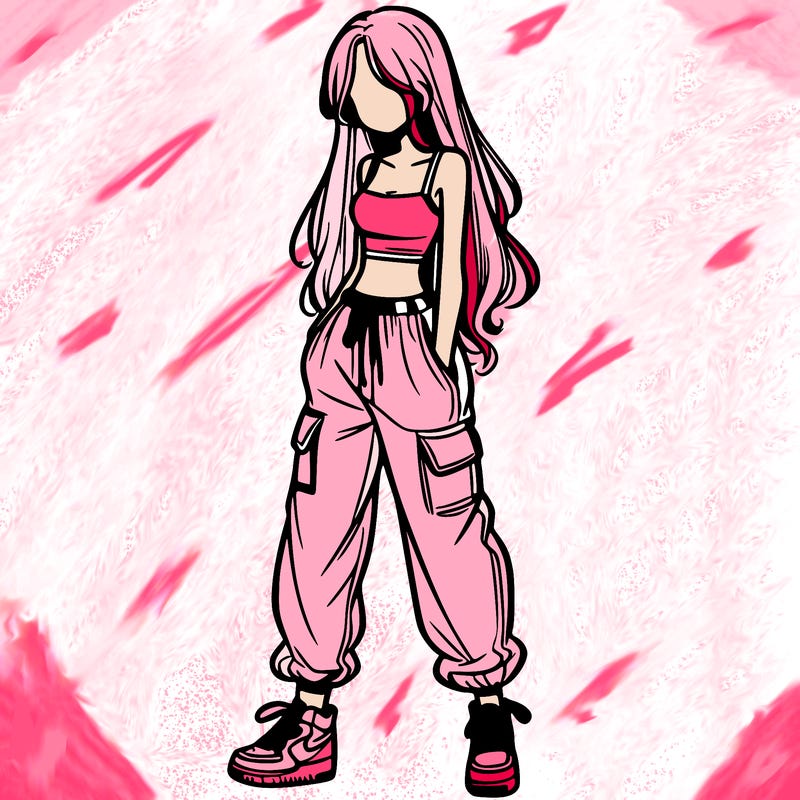 girl in baggy pants crop top and long hair