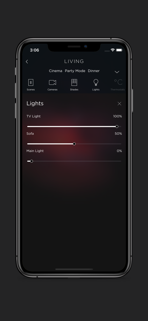BeoLiving - Interface of the BeoLiving app showing dimmable light controls for a luxury smart home