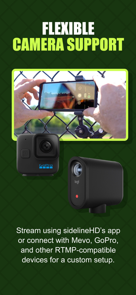 sidelineHD - Una vetrina della compatibilità delle telecamere sidelineHD con GoPro Mevo e smartphone per lo streaming di sport giovanili