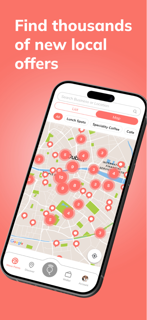 App mobile SQUID Rewards che mostra una vista mappa per scoprire offerte di attività locali e punti fedeltà.
