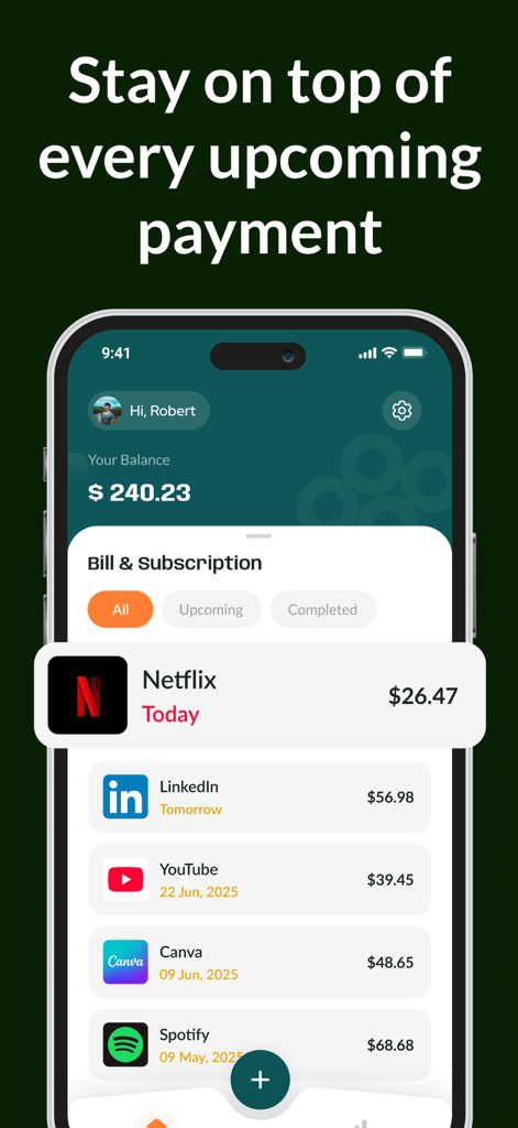 Interfaz de una aplicación móvil que enumera los próximos pagos de suscripciones y facturas recurrentes