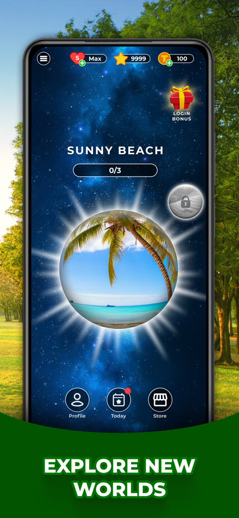 Triviascapes: Quiz & IQ test - Un smartphone mostrando el menú de la aplicación Triviascapes con una escena de playa tropical y el texto Explora Nuevos Mundos