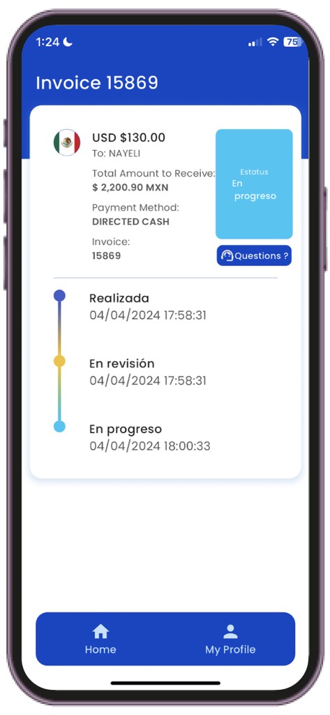 Maxi Money Status app screen showing the tracking status of a money transfer invoice to Mexico