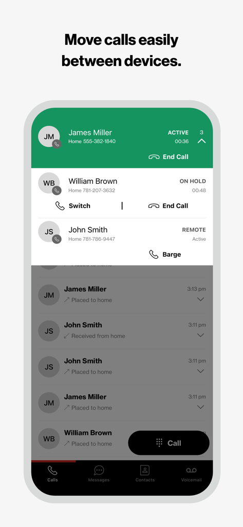 Verizon One Talk - Verizon One Talk app interface showing call management features and the ability to move calls between devices.