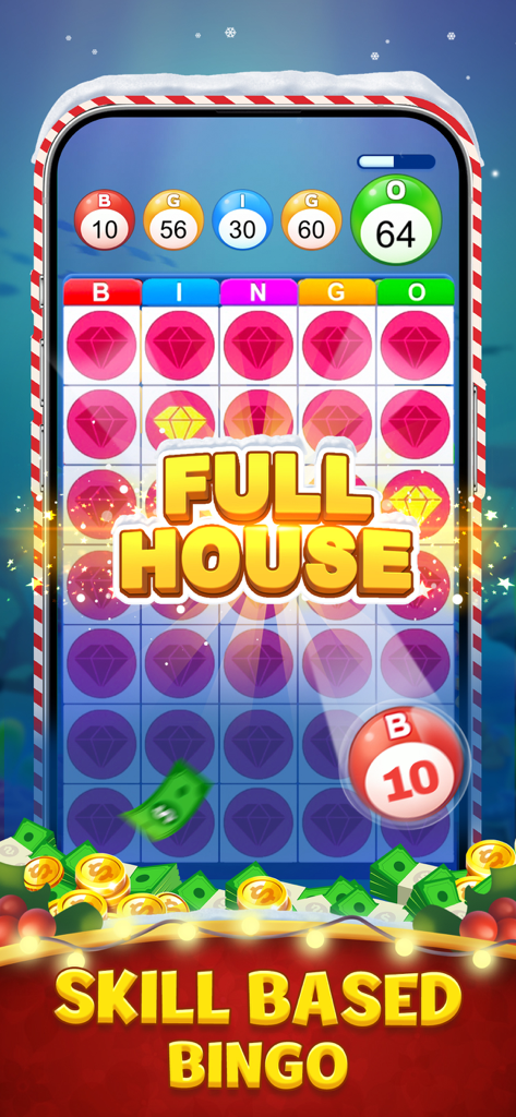 A mobile screen showing a skill based bingo game with a Full House notification and cash prize icons