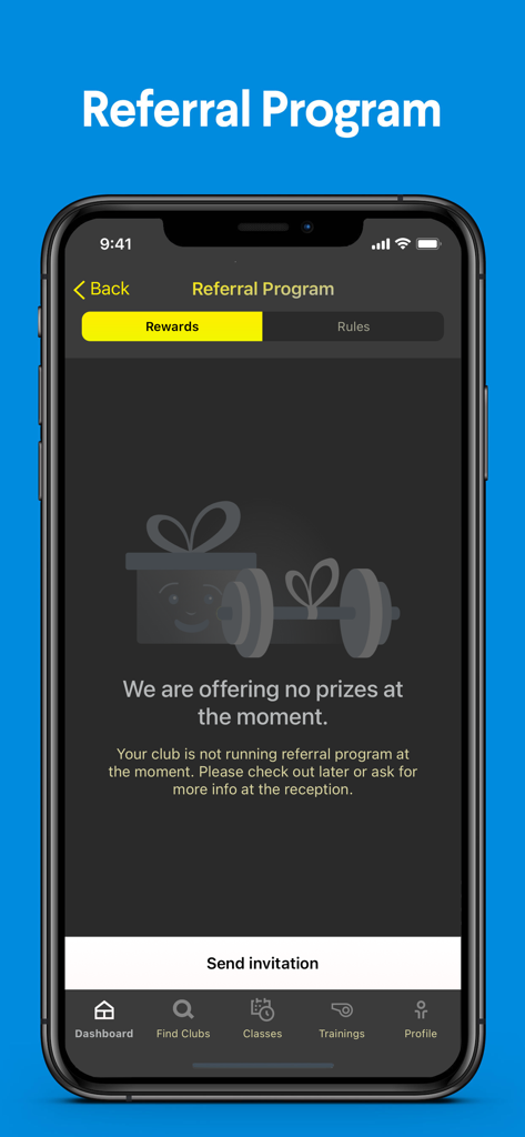 Lemon gym Lithuania - Tela do programa de indicação do Lemon Gym Lituânia mostrando a aba de recompensas e o botão de convite