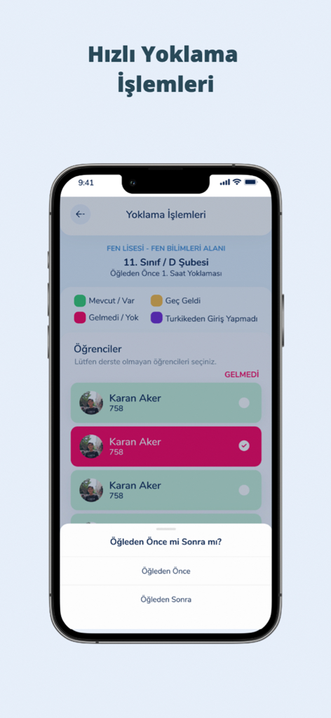 Okulyo app interface for quick school attendance tracking and student management