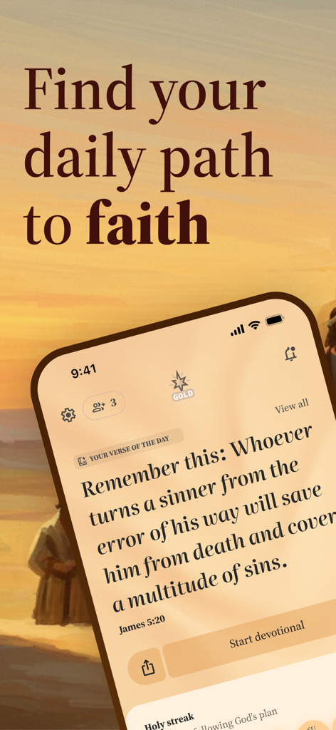 Faithy app interface displaying the verse of the day and a button to start a daily devotional