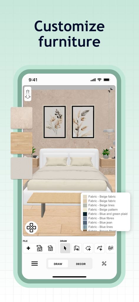 Sweet Home 3D: Plan Your House - 家具の生地やテクスチャのカスタマイズオプションが表示された、Sweet Home 3Dアプリの寝室デザイン画面