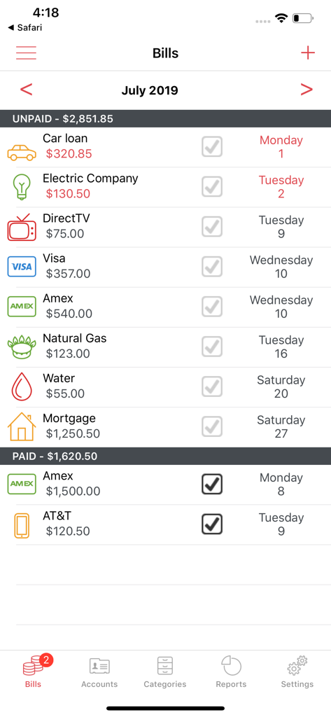 Bills Manager - A list of monthly bills in the Bills Manager app showing unpaid and paid sections with icons and amounts