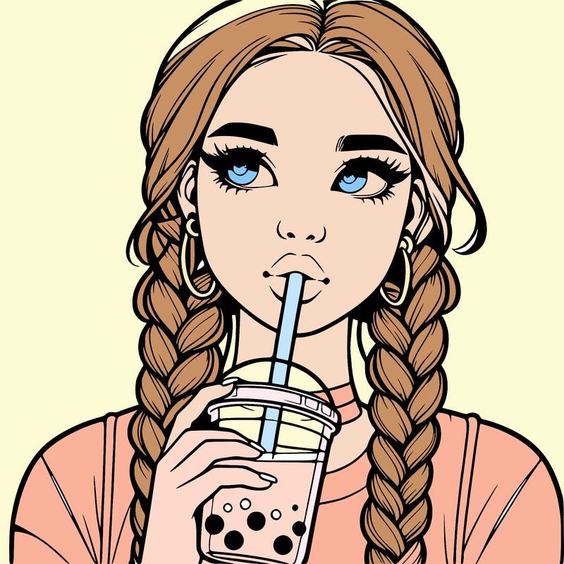 realistic girl with braided hair drinking boba