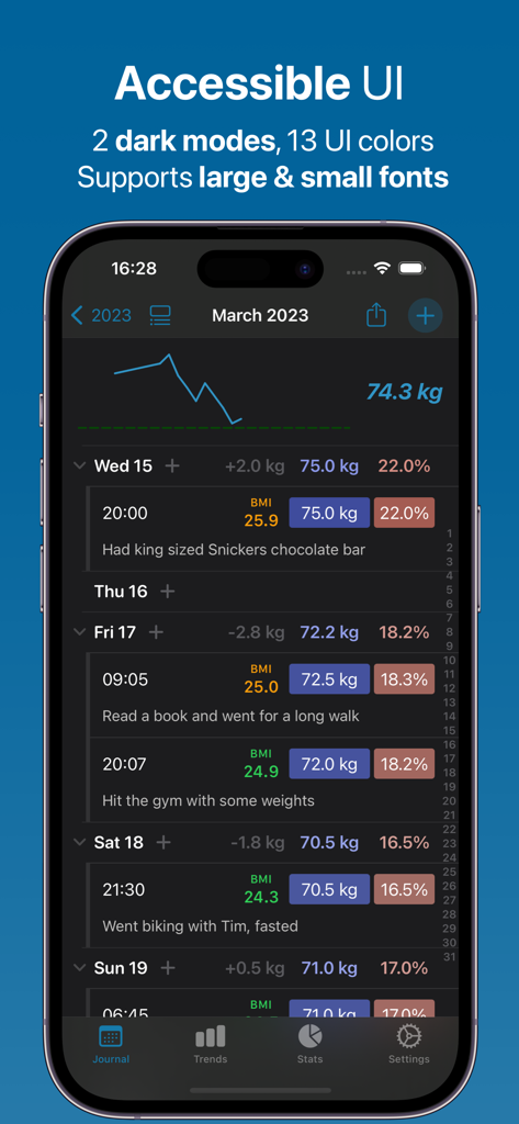Weight BMI Fat Log Feeltracker - Aplicación Feeltracker que muestra una interfaz de diario accesible con registros de peso e IMC en modo oscuro.