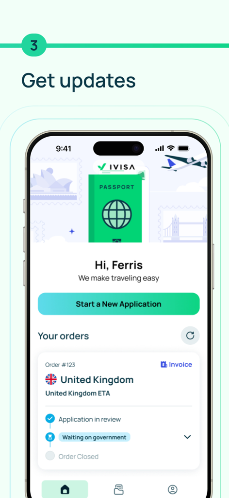 iVisa mobile app screen showing a visa application status for the United Kingdom