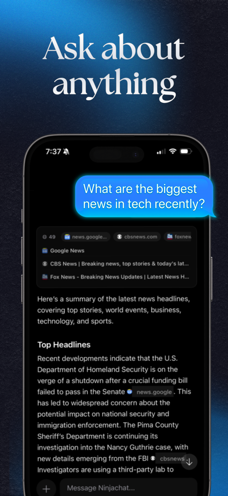 NinjaChat AI - Interfaz de la aplicación NinjaChat AI mostrando una conversación de chat sobre las últimas noticias tecnológicas con fuentes web citadas