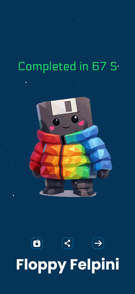 Brainrot Poly333: Retro Puzzle - A completed 3D poly art puzzle of Floppy Felpini, a floppy disk character wearing a rainbow puffer jacket