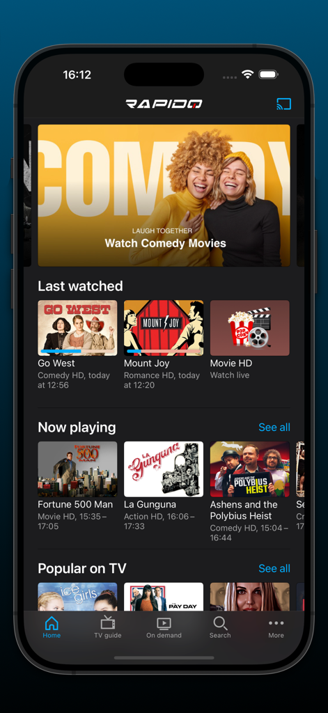 Rapido TV - Tela inicial do aplicativo Rapido TV exibindo categorias de filmes e programas de streaming ao vivo