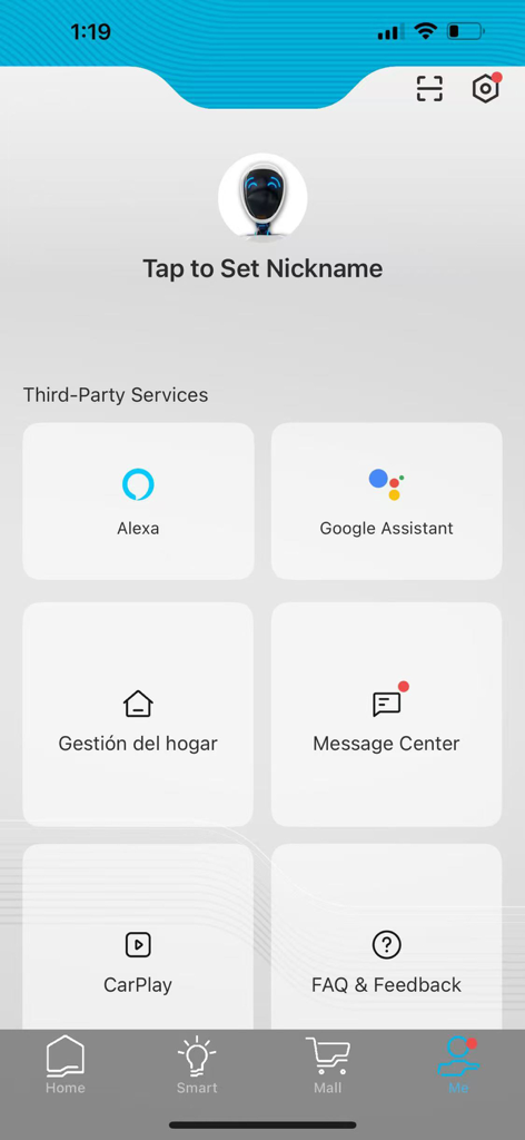 Steren Home app user profile screen showing third party integrations for Alexa and Google Assistant