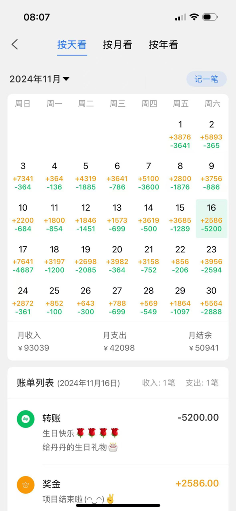 早晚记账软件 - A monthly calendar interface in the Morning and Evening Bookkeeping app displaying daily income and expense summaries with a detailed transaction list below.