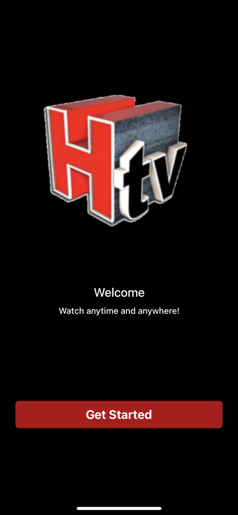 Welcome screen for the HTV Houston Television app featuring the logo and a get started button