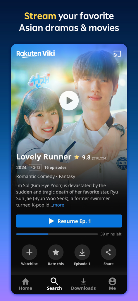 Viki: Asian Dramas, Movies, TV - Interface de l'application Viki présentant le drama coréen Lovely Runner avec des options de streaming