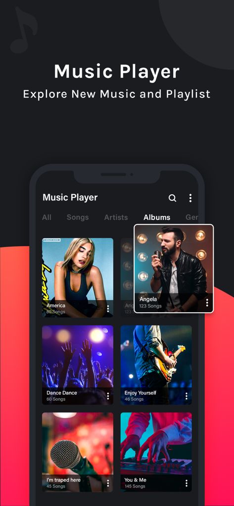 PLAYit - Music video palyer - Interface of the PLAYit music player app showing organized music albums with artist photos and song counts.