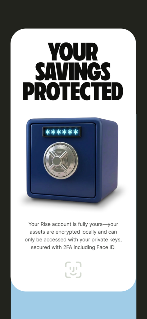 Rise: Global Savings & Wallet - Rise app interface explaining savings protection through local encryption and Face ID security features