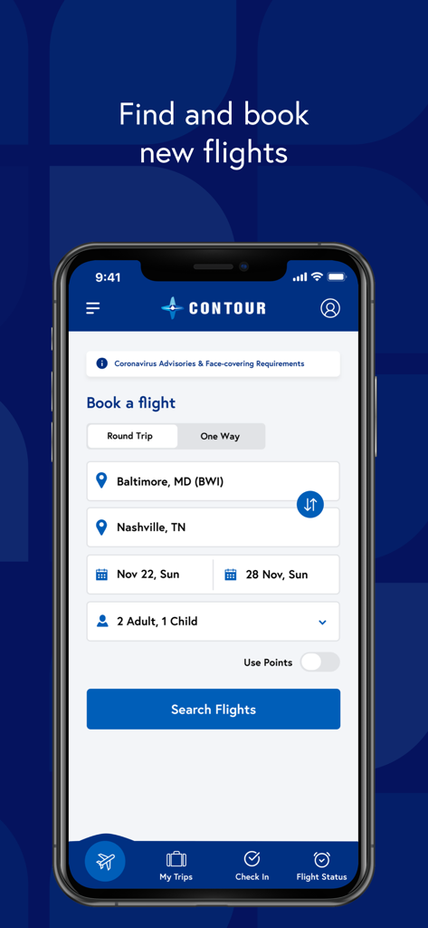 Contour Airlines mobile app screen showing the book a flight search interface with origin and destination fields
