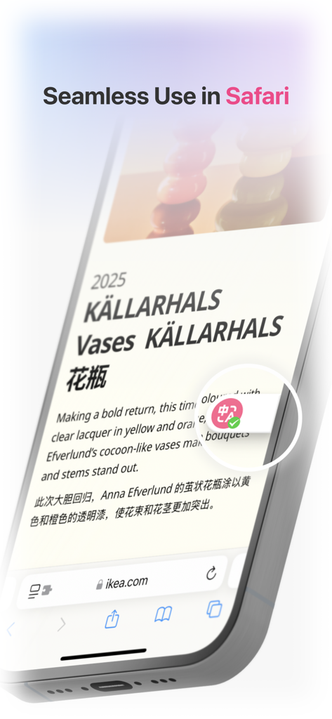 Immersive Translate Safari extension displaying dual-language website translation on an iPhone