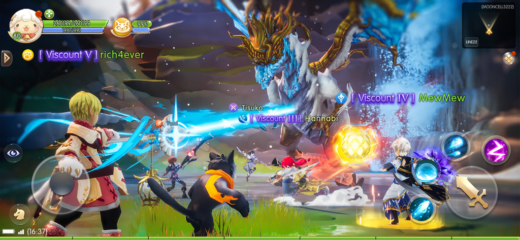 Tales of Wind: Radiant Rebirth - Un grupo de jugadores luchando contra un enorme jefe dragón en Tales of Wind Radiant Rebirth