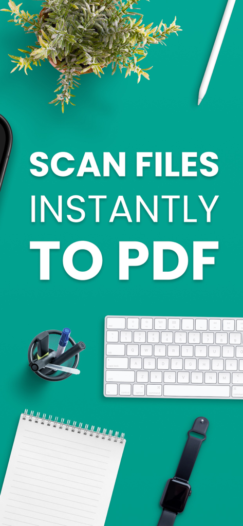 Gráfico promocional do aplicativo Cam Scanner mostrando o texto Digitalizar Arquivos Instantaneamente para PDF em um fundo de mesa azul-petróleo com um teclado e caderno