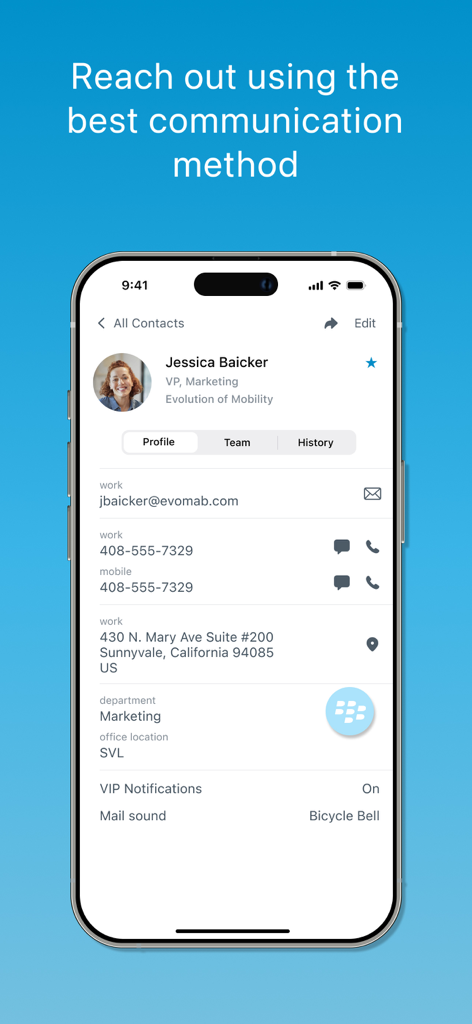 BlackBerry Work app contact profile screen showing professional communication options and colleague information