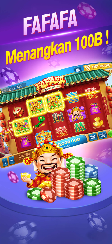 Mini-jeu de machine à sous FAFAFA dans l'application Poker Online avec le Dieu de la Richesse et des jetons de casino
