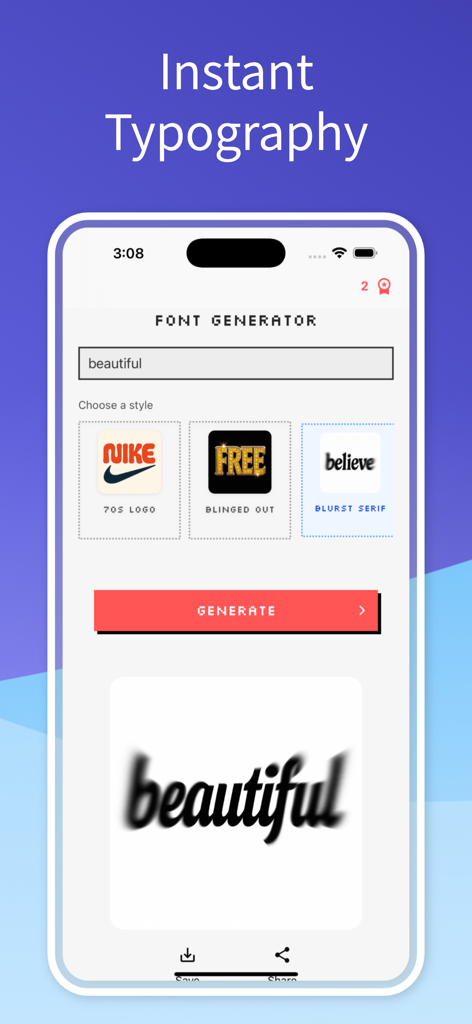 Font Generator - AI Text Art - テキスト入力とさまざまなAIタイポグラフィスタイル選択を表示するフォントジェネレーターアプリのインターフェース