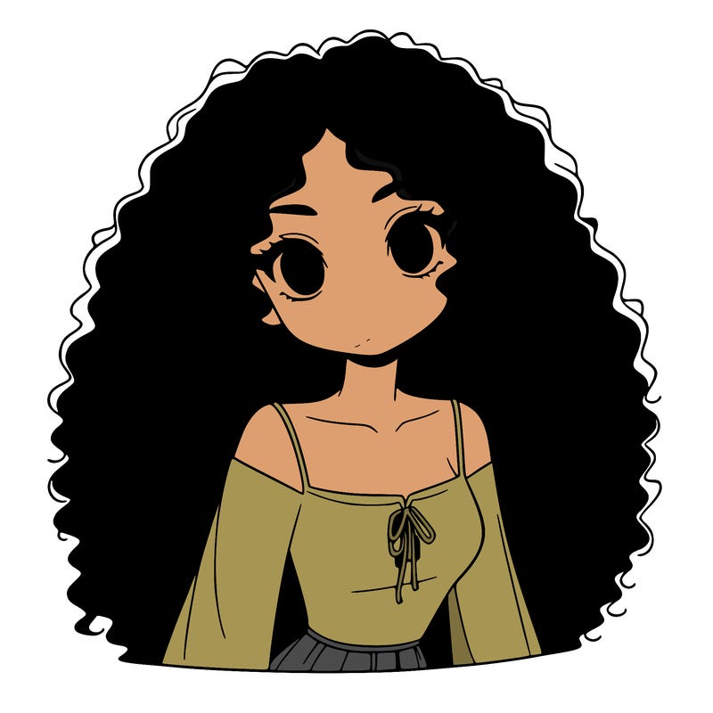 a black anime girl with long afro hair