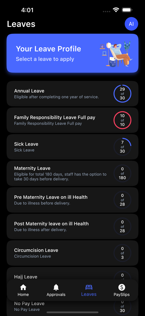 Hello Connect - Dashboard des Urlaubsverwaltungsprofils für Mitarbeiter in der Hello Connect-App mit verschiedenen Urlaubsarten und verbleibenden Guthaben