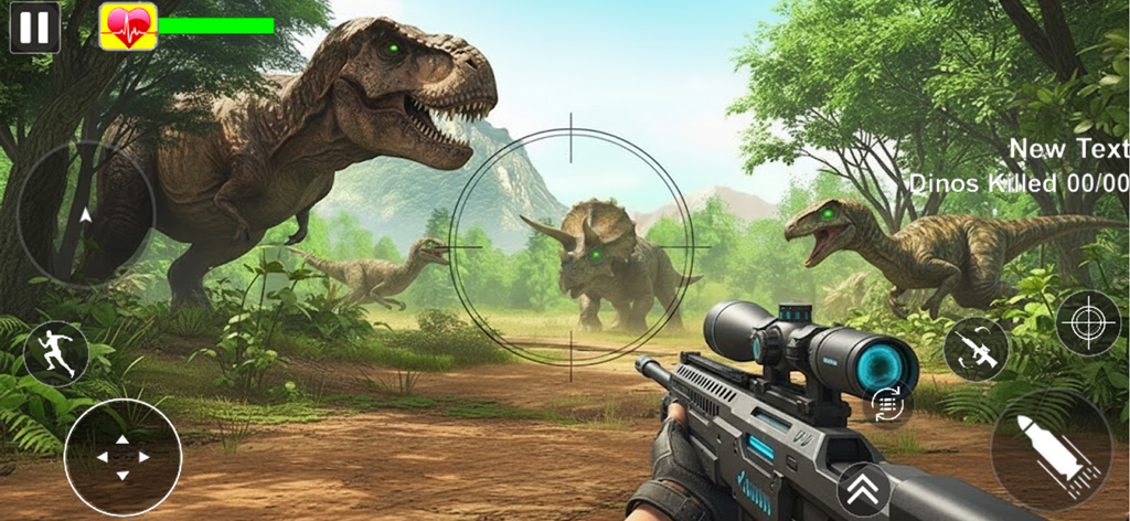 Vista en primera persona de un rifle de francotirador apuntando a dinosaurios en una jungla