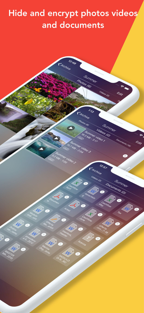 Secret photos - KYMS - Interface of Secret photos KYMS app displaying hidden photos videos and documents on multiple smartphones