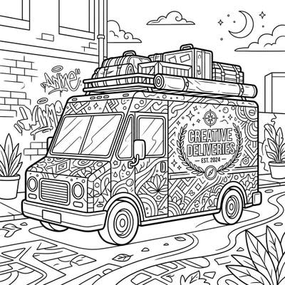 Dive into an urban creative journey with this cool delivery van coloring page, specially designed for teens. Explore intricate patterns and street art vibes as you bring this unique vehicle to life.