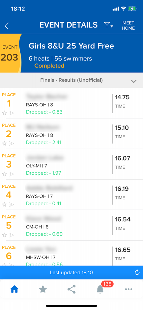 Meet Mobile Swim app screenshot showing girls 25 yard freestyle event results