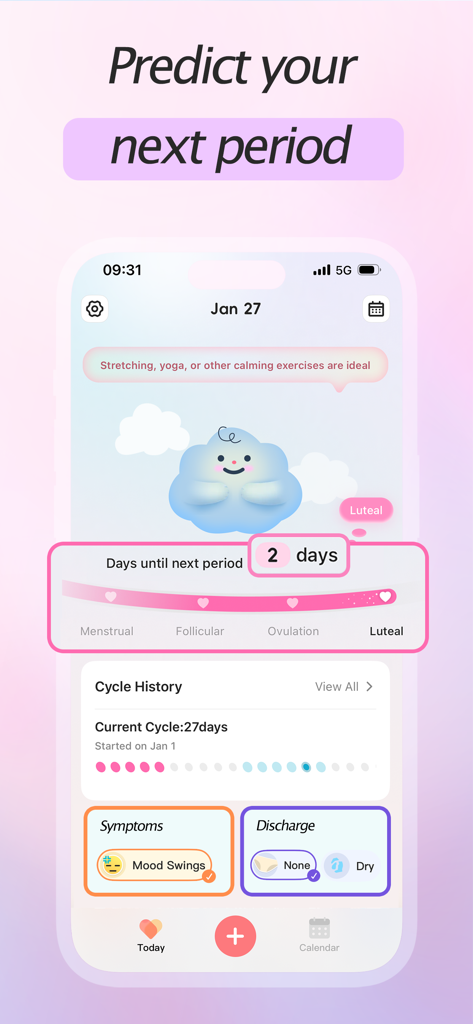 Period Tracker・Cycle Calendar - 생리 주기 카운트다운과 증상 추적기를 보여주는 모바일 앱 인터페이스