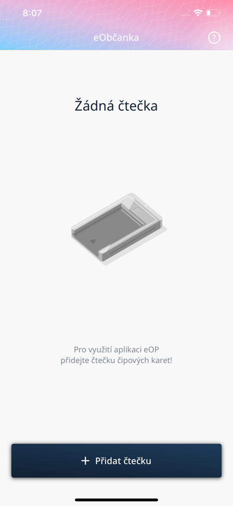 Setup screen in the eObčanka app showing instructions to connect a smartcard reader.
