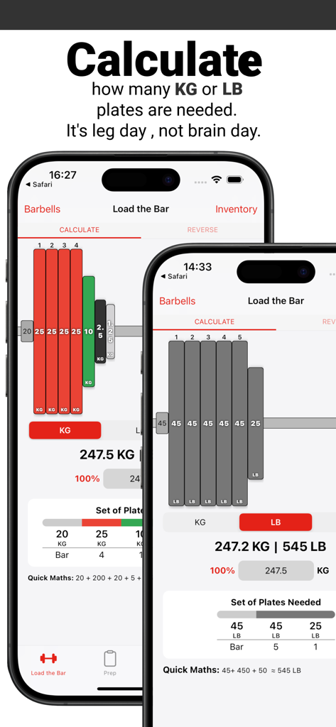 Bar Is Loaded - Gym Calculator - Bar Is Loaded app showing weight plate calculations for a barbell in KG and LB