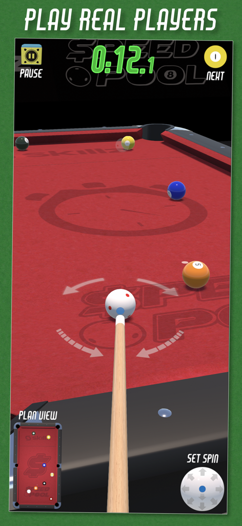Gameplay screenshot of Speed Pool showing a 3D red pool table with a cue stick aimed at a cue ball and spin controls