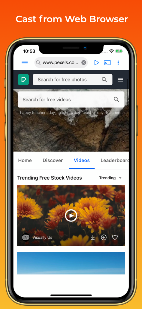 Interface of the Castify app showing a web browser used to cast videos from a website to a TV.