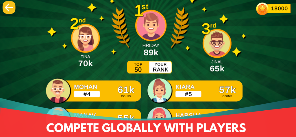 A global leaderboard screen in the Bukharo card game app showing top-ranked players and their coin counts.